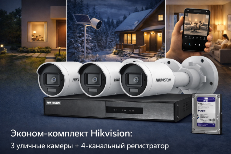 Эконом-комплект Hikvision: 3 уличные камеры + 4-канальный регистратор  