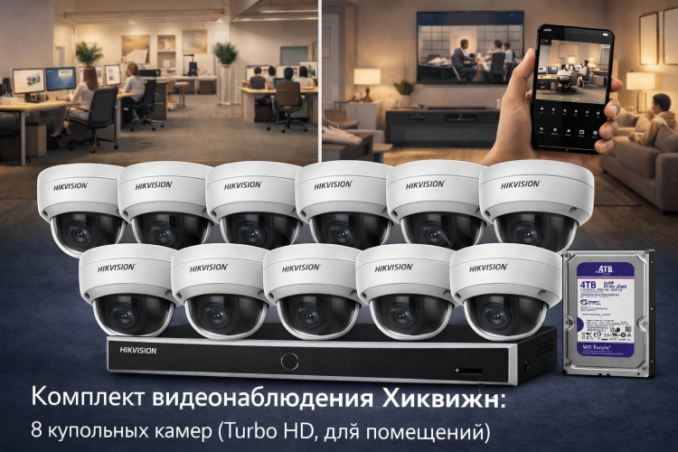 Комплект видеонаблюдения Hikvision на 8 купольных камер (внутренний)  