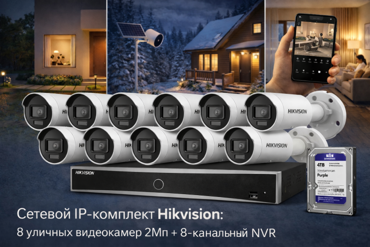 Сетевой IP-комплект Hikvision: 8 уличных видеокамер 2Мп + 8-канальный NVR  